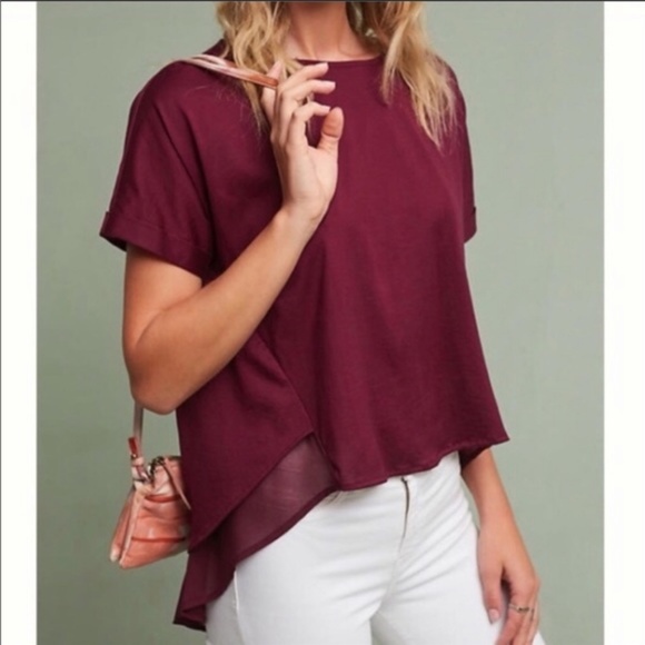 Anthropologie Tops - Anthropologie Eri + Ali Maroon Burgundy Split Back Chiffon Hem Cotton Tee
